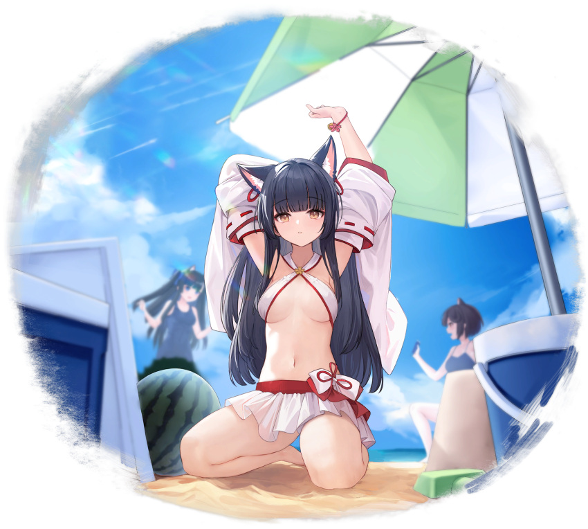 3girls allenes animal_ear_fluff animal_ears arms_up azur_lane bangs beach beach_umbrella bikini bikini_skirt black_hair blue_sky blurry blurry_background breasts brown_eyes cloud cloudy_sky criss-cross_halter day earrings food fruit full_body halterneck hatsuharu_(azur_lane) highres jewelry kneeling long_hair medium_breasts multiple_girls navel official_art outdoors simple_background sky stomach swimsuit umbrella wakaba_(azur_lane) watermelon yuugure_(azur_lane)