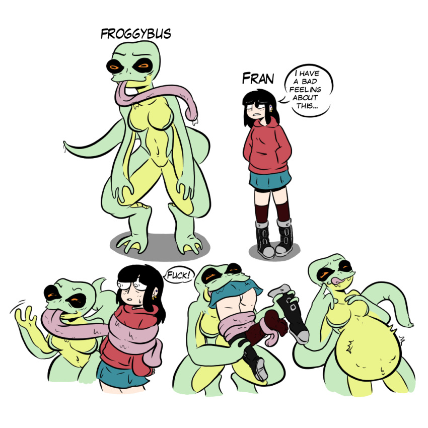 amphibian anthro black_hair clothing duo feet female female/female footwear fran_(notsafenico) frog froggybus_(notsafenico) hair human human_prey humanoid mammal monster notsafenico oral_vore shoe_loss shoe_removal socks unknown_species vore