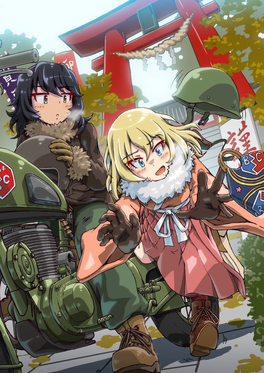 :o absurdres andou_(girls_und_panzer) bangs banner bc_freedom_(emblem) black_eyes black_gloves black_hair black_jacket blonde_hair blue_eyes boots breath brown_footwear brown_gloves commentary_request commission dark-skinned_female dark_skin day ema emblem fur-trimmed_jacket fur_trim girls_und_panzer gloves green_pants ground_vehicle hatsumoude highres jacket japanese_clothes kimono kuroneko_douji leaning_forward long_sleeves looking_at_another marie_(girls_und_panzer) medium_hair motion_lines motor_vehicle motorcycle new_year nobori outdoors pants parted_lips partial_commentary pink_kimono pixiv_commission reaching riding rope sash shimenawa standing textless_version torii white_sash wide_sleeves
