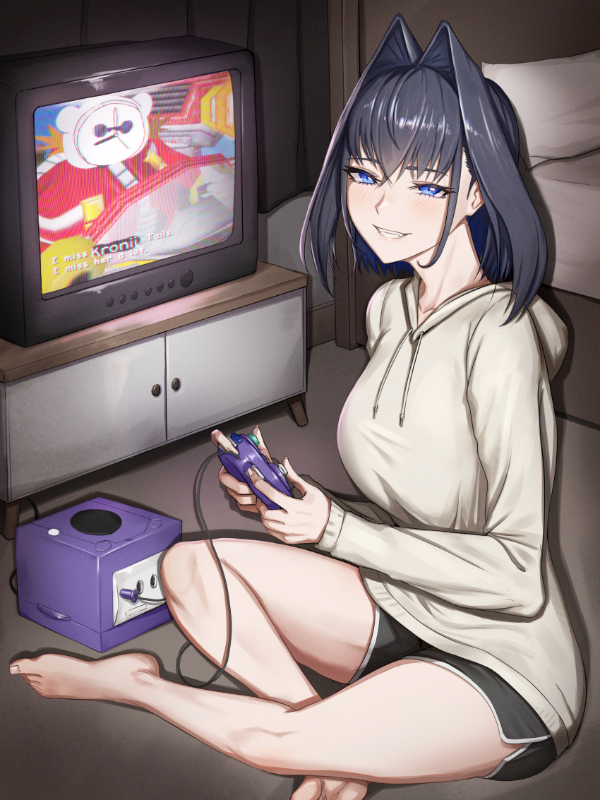 1girl absurdres barefoot black_shorts blue_eyes blue_hair breasts dr._eggman game_console gamecube gamecube_controller grey_hoodie highres hololive hololive_english hood hoodie large_breasts long_hair looking_at_viewer ouro_kronii short_shorts shorts smile solo television virtual_youtuber zenya