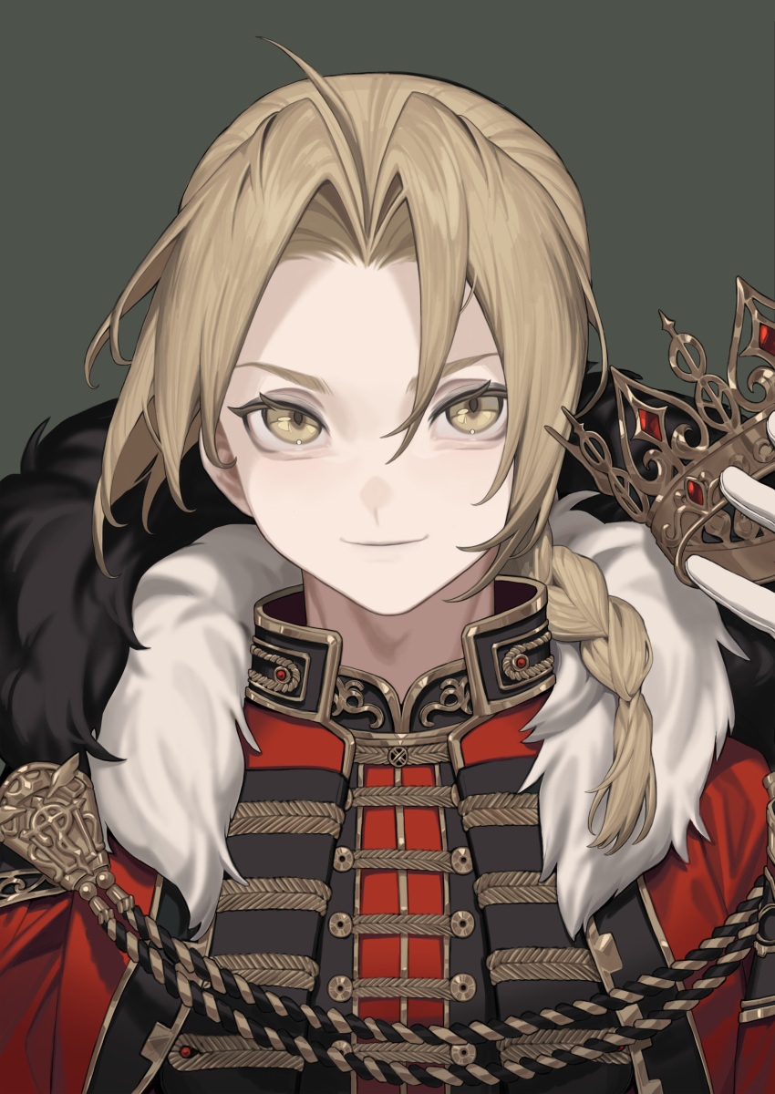 1boy absurdres ahoge bangs blonde_hair braid braided_ponytail cbow closed_mouth crown crown_removed edward_elric eyelashes formal fullmetal_alchemist fur_trim gem gloves green_background hair_over_one_eye hair_over_shoulder highres holding holding_crown long_hair looking_at_viewer male_focus parted_bangs portrait red_gemstone red_theme simple_background single_braid smile solo white_gloves yellow_eyes
