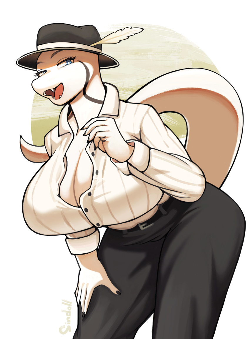 absurd_res anthro belt bent_over big_breasts blue_eyes bottomwear breasts cleavage clothed clothing fangs feathers female hat headgear headwear hi_res looking_at_viewer mobster pants reptile scalie shirt sindoll smile smiling_at_viewer snake solo teeth topwear