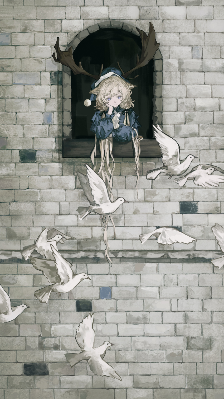 1girl absurdres aged_down animal_ears antlers arknights bird blonde_hair blue_eyes blue_hat blue_nightgown bubi204599 chinese_commentary commentary_request deer_antlers deer_ears deer_girl dove flock from_outside hair_between_eyes hand_on_own_cheek hand_on_own_face hat highres horns long_hair long_sleeves looking_outside nightcap nightgown open_window smile solo stone_wall upper_body viviana_(arknights) viviana_(young)_(arknights) window windowsill