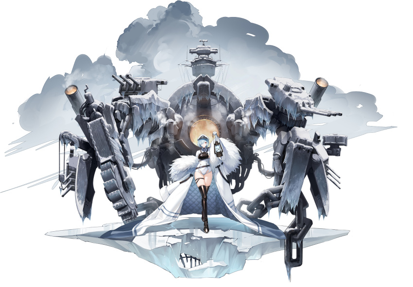1girl artist_request azur_lane bangs blue_hair boots breasts chain full_body fur_trim gloves hat highres holding kuybyshev_(azur_lane) lamp leotard long_coat looking_at_viewer machinery mecha medium_breasts official_art peaked_cap red_eyes robot shiny_clothes short_hair simple_background solo standing thigh_boots thighs turret uniform weapon
