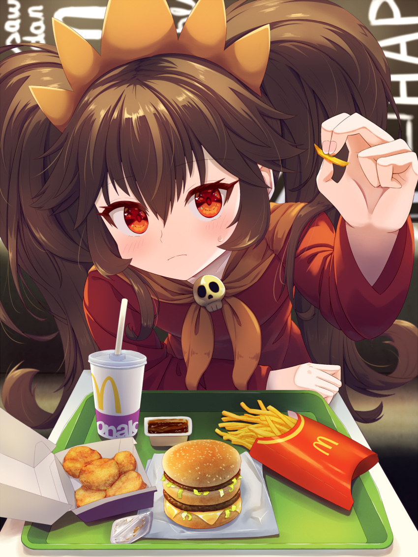 1girl ashley_(warioware) bag big_hair big_mac black_hair blush burger cup disposable_cup dress drinking_straw fast_food food french_fries hairband highres holding holding_food long_hair long_sleeves looking_at_viewer matchamassa mcdonald's neckerchief orange_hairband orange_neckerchief paper_bag pov reaching_towards_viewer red_dress red_eyes sailor_collar sitting skull skull_ornament solo sweatdrop very_long_hair warioware witch yellow_sailor_collar