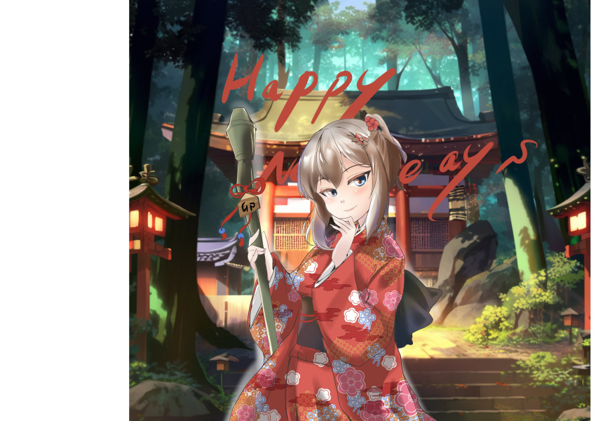 1girl abimaru_gup absurdres alternate_hairstyle background_text bangs blue_eyes closed_mouth day english_text floral_print flower forest furisode girls_und_panzer grey_hair hair_flower hair_ornament hair_up hand_on_own_chin happy_new_year highres holding holding_weapon itsumi_erika japanese_clothes kimono lantern long_sleeves looking_at_viewer nature nengajou new_year obi outdoors panzerfaust print_kimono red_kimono rock sash short_hair short_ponytail smile solo stairs standing temple weapon wide_sleeves wooden_lantern