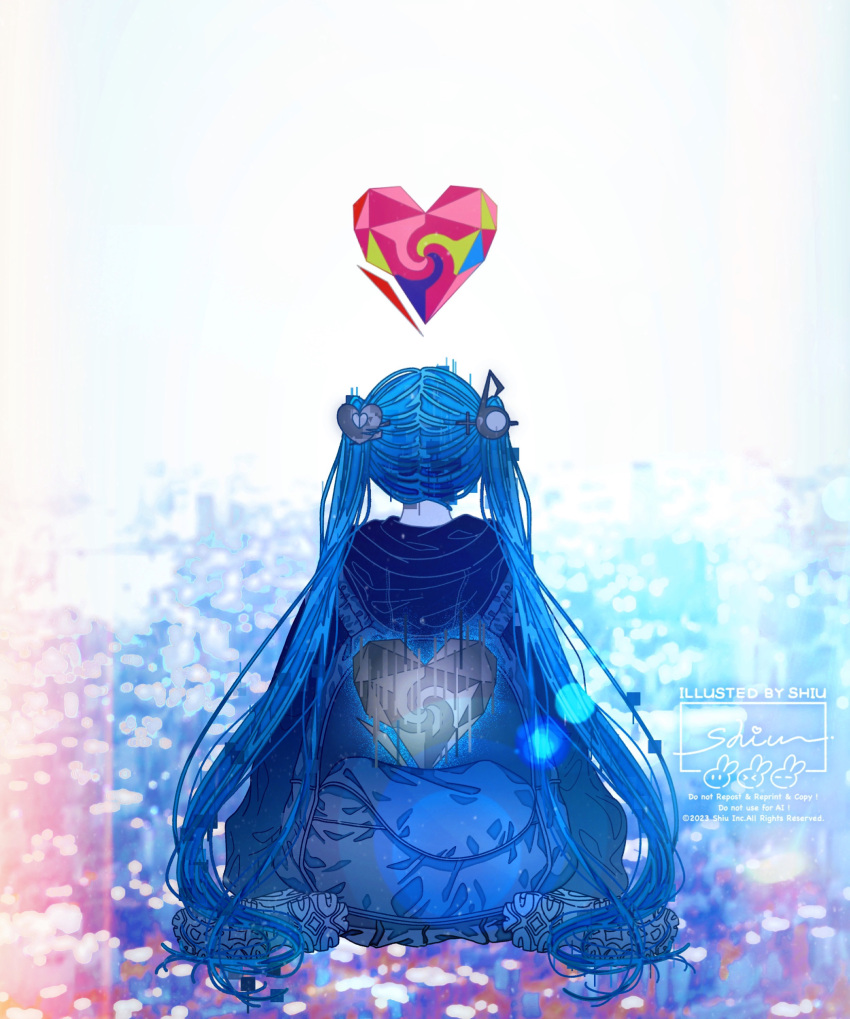 1girl absurdres arms_at_sides artist_name backpack bag black_footwear black_hoodie blue_hair blue_theme blurry bokeh boku_no_sainou_(vocaloid) colorful commentary creator_connection depth_of_field facing_away from_behind full_body glitch glowing glowing_heart hair_ornament hatsune_miku heart heart_hair_ornament highres hood hood_down hoodie light_particles limited_palette long_hair multicolored_background musical_note musical_note_hair_ornament nape on_ground open_bag shiu_(official_shiu) shoe_soles shoes signature simple_background sitting sneakers solo spot_color straight_hair symbol-only_commentary twintails unhappy_refrain_(vocaloid) unknown_mother_goose_(vocaloid) unzipped very_long_hair vocaloid white_background wowaka