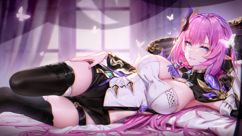 1girl armpits asymmetrical_clothes asymmetrical_legwear bed bed_sheet black_gloves blue_eyes boots breasts bug butterfly cape celtic_knot cleavage closed_mouth clothing_cutout commentary cowboy_shot curtains elbow_rest elf elysia_(honkai_impact) elysia_(miss_pink_elf)_(honkai_impact) english_commentary gloves hair_between_eyes hair_flowing_over hair_ornament hair_spread_out hand_on_own_hip hbb highres honkai_(series) honkai_impact_3rd indoors large_breasts lips long_hair long_pointy_ears long_sleeves looking_at_viewer lounging lying on_side open_mouth pink_hair pointy_ears second-party_source shorts side_cutout single_glove smile solo thighhighs very_long_hair window