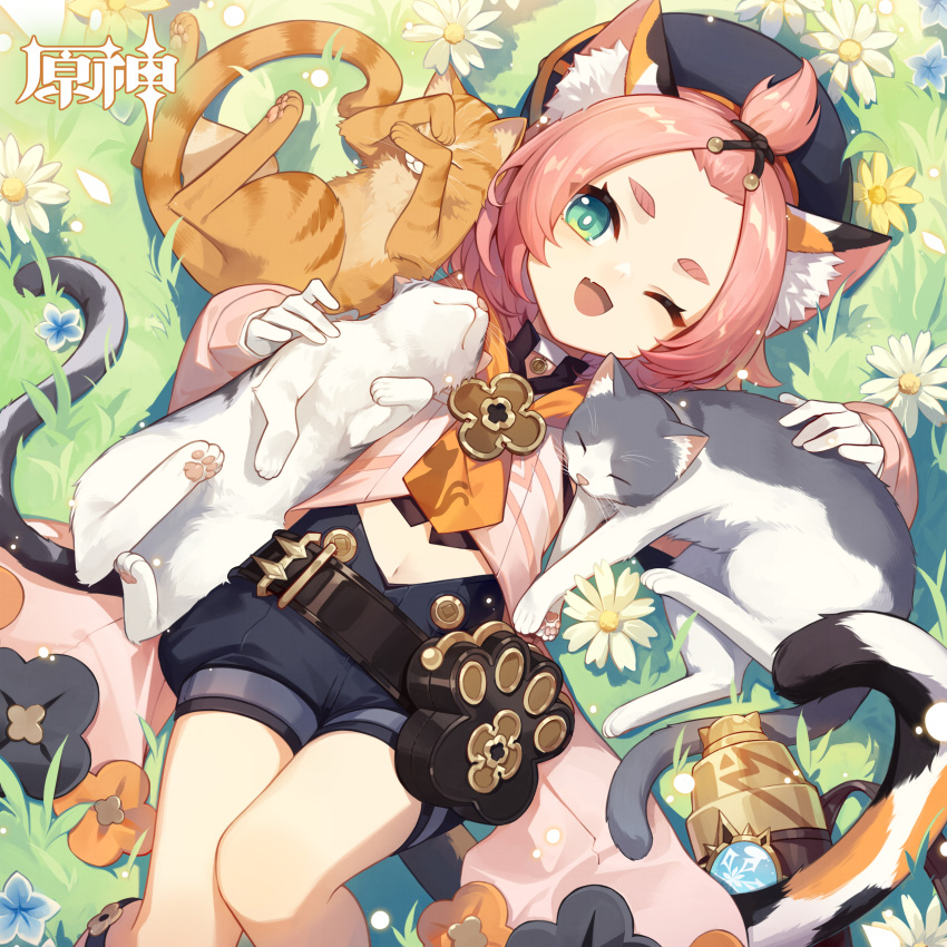 1girl ;d absurdres animal_ear_fluff animal_ears artist_request bag bangs_pinned_back belt belt_pouch black_headwear black_ribbon black_shorts blue_flower blush brown_belt calico cat_ears cat_girl closed_eyes cocktail_shaker cropped_shirt detached_sleeves diona_(genshin_impact) eyelashes fang flower forehead genshin_impact gloves grass green_eyes hands_up hat highres light_particles logo long_sleeves looking_at_viewer lying navel official_art on_back on_grass one_eye_closed open_mouth orange_cat orange_ribbon orange_scarf outdoors paw_print pink_hair pink_shirt pink_sleeves pouch puffy_shorts ribbon scarf shirt short_eyebrows short_hair short_shorts shorts sidelocks skin_fang sleeveless sleeveless_shirt smile solo stomach tail thick_eyebrows vision_(genshin_impact) white_flower white_gloves