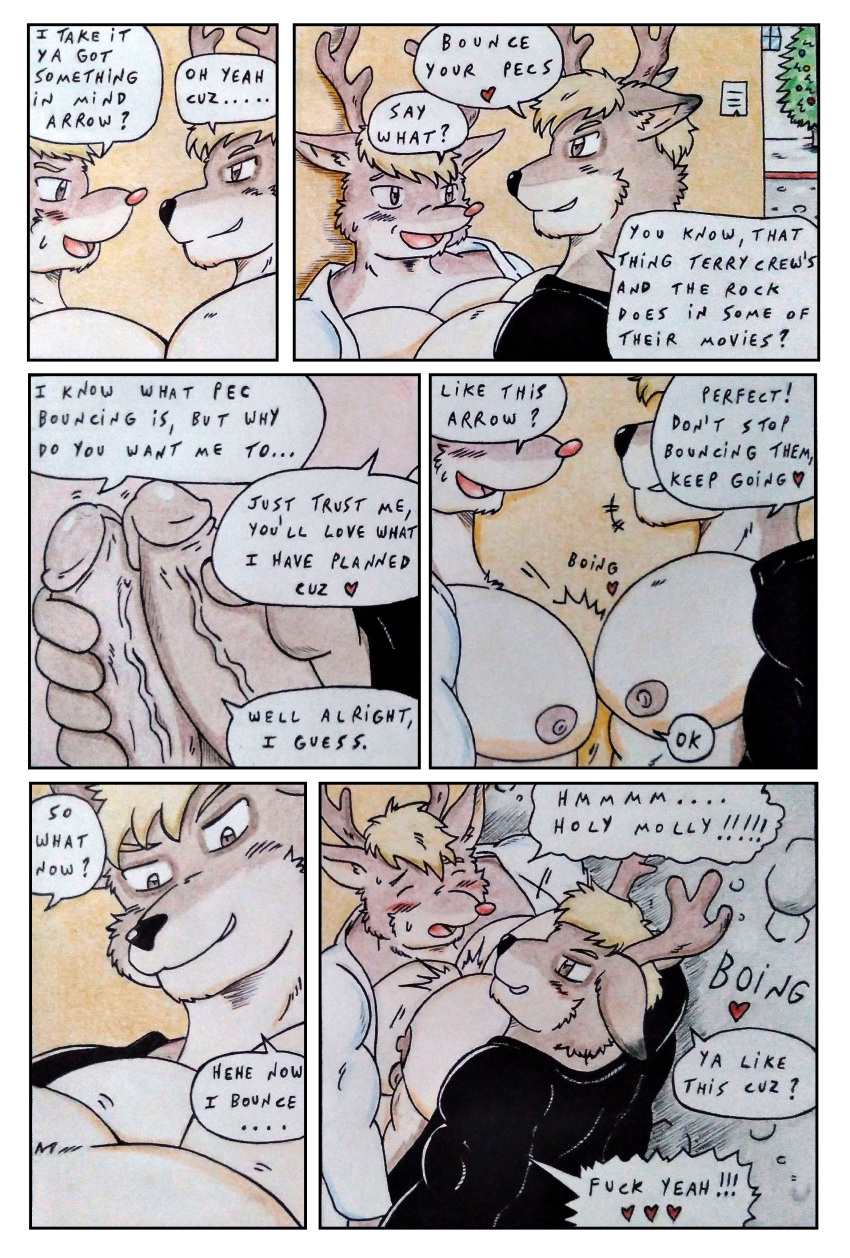 &lt;3 absurd_res alley anthro antlers arrow_(rudolph) athletic athletic_anthro athletic_male blonde_hair blush blush_lines bodily_fluids bouncing_pecs brown_body brown_eyes brown_fur brown_nipples brown_penis capreoline christmas christmas_tree clothed clothing comic comic_panel confident dashthefox deer dialogue duo erect_nipples frottage fur genitals hair hi_res holidays horn horny huge_pecs jacket looking_pleasured male male/male mammal manly moan muscular nipples onomatopoeia open_clothing open_jacket open_topwear pecs pecs_touching penis plant public public_nudity public_sex red_nose reindeer rudolph_the_red-nosed_reindeer sex sound_effects speech_bubble street sweat sweatdrop text thick_penis topwear traditional_media_(artwork) tree vein veiny_penis wall_(structure) winter