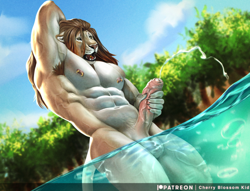 anthro balls big_muscles big_penis bodily_fluids brown_hair cherry_blossom_kid cloud cum cum_in_water cumshot dutch_angle ejaculation felid foreskin fur genital_fluids genitals hair hi_res humanoid_genitalia humanoid_penis lion male mammal masturbation muscular muscular_anthro muscular_male nipple_piercing nipples nude open_mouth pantherine partially_submerged penile penile_masturbation penis piercing plant sky solo standing_in_water tan_body tan_fur tree vein veiny_muscles