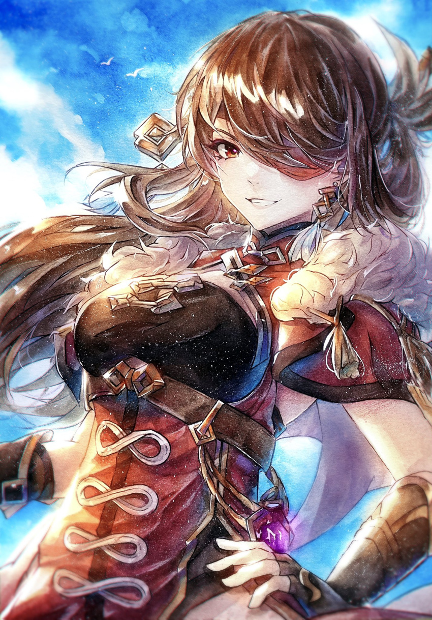 1girl bangs beidou_(genshin_impact) bird blue_sky breasts brown_hair chinese_clothes colored_eyepatch earrings eyepatch fingerless_gloves genshin_impact gloves grin hair_ornament hair_stick hand_on_hip highres jewelry large_breasts long_hair one_eye_covered silverartmoon sky smile solo swept_bangs vision_(genshin_impact)