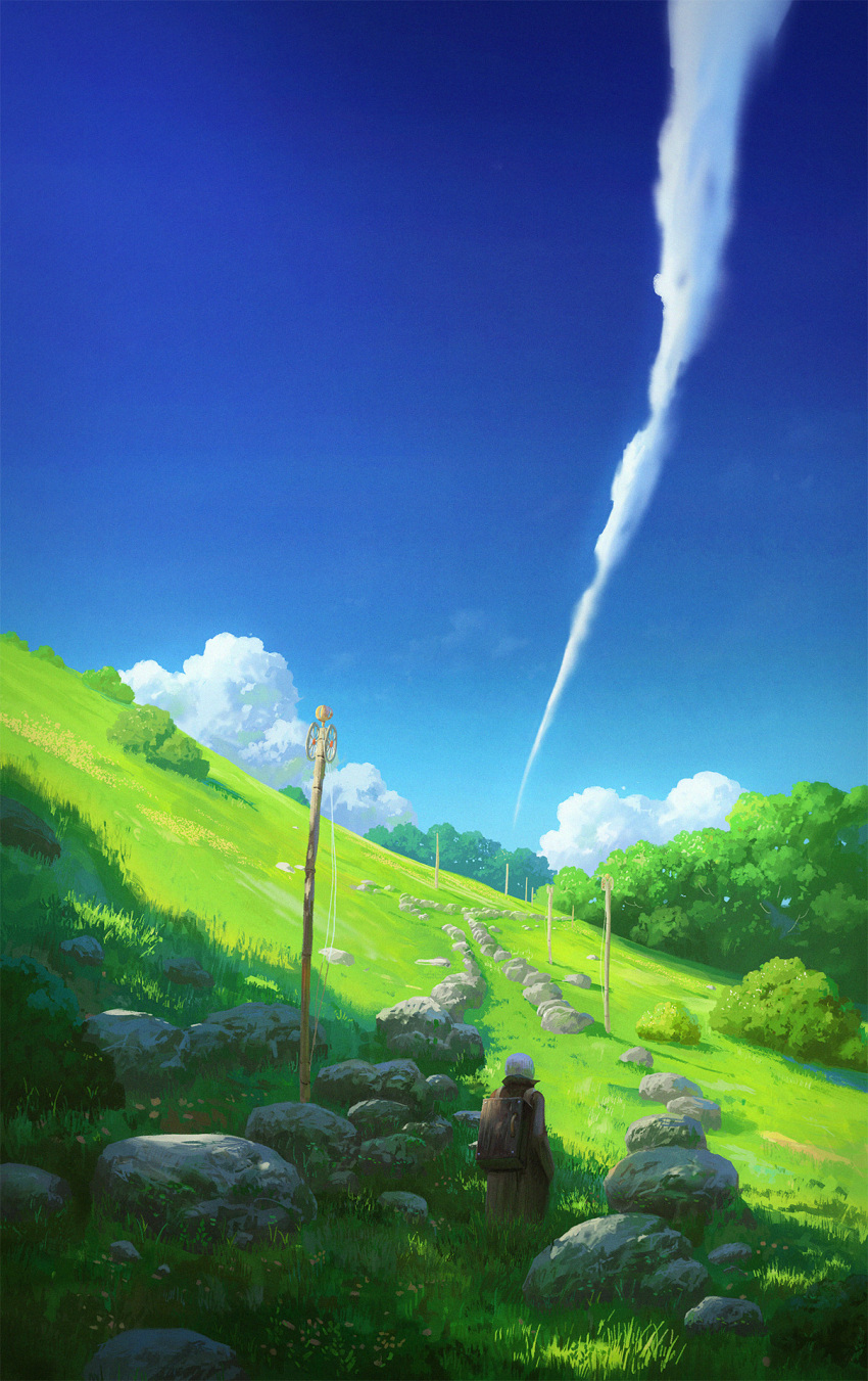 1boy backpack bag blue_sky box brown_coat bush cloud coat commentary cyclecircle day english_commentary facing_away from_behind ginko grass highres landscape long_sleeves male_focus mushishi outdoors pole road scenery shade sky smoke solo standing stone white_hair