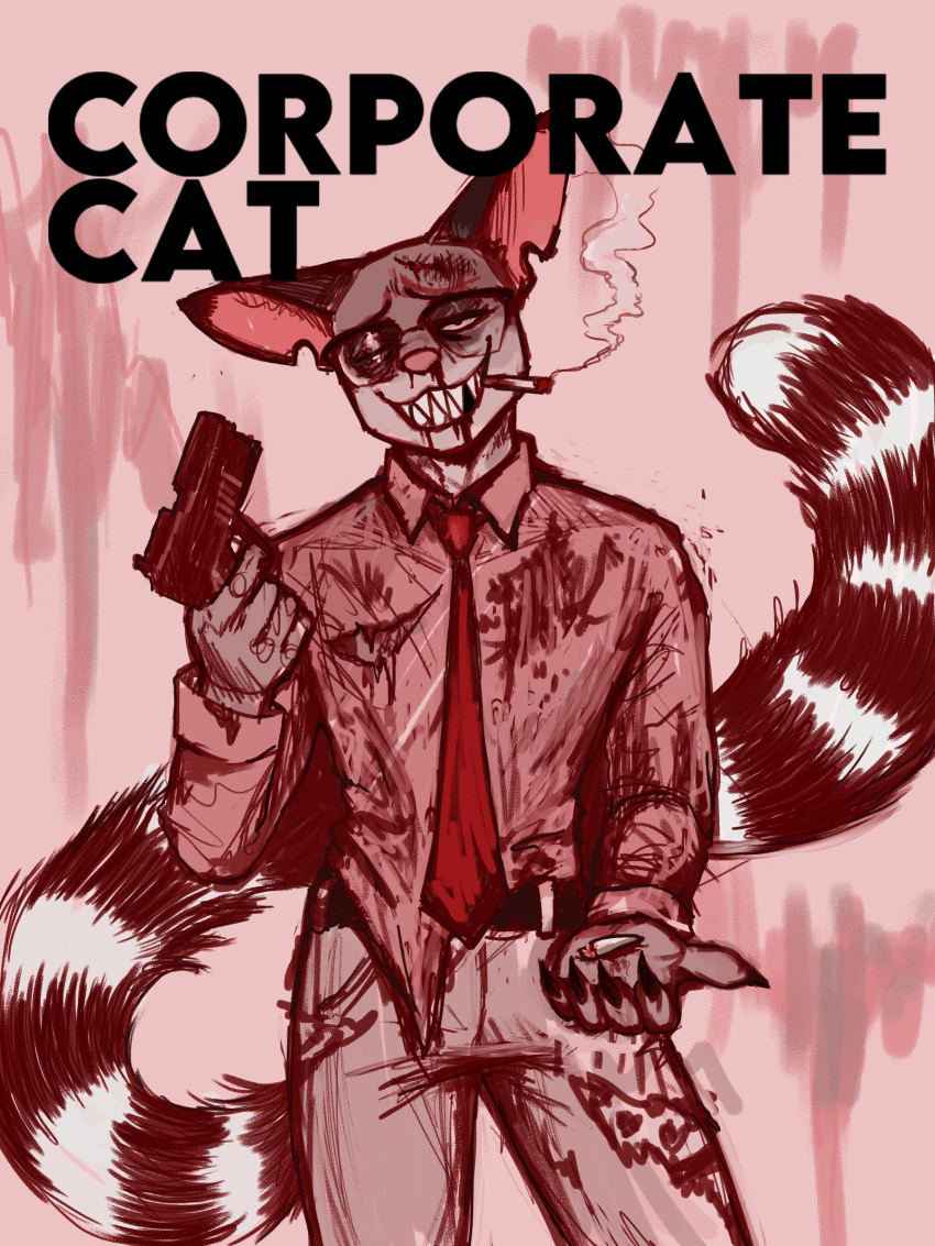 absurd_res anthro blood bodily_fluids bullet cacomistle cigarette covered_in_blood eebahdeebah english_text eyewear glasses grin gun half-closed_eyes handgun hi_res kubo_(eebahdeebah) male mammal markings missing_tooth monochrome narrowed_eyes necktie one_eye_closed pistol procyonid ranged_weapon red_and_white ring_(marking) ringtail sharp_teeth simple_background smile smirk smoking smoking_tobacco smug smug_face smug_grin solo tail tail_markings teeth text weapon