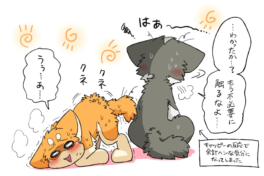 ambiguous_gender ass_up ayaka blush bodily_fluids canid canine canis digital_media_(artwork) domestic_dog duo female_(lore) feral fur grey_body grey_fur hi_res husky japanese_text kemono kyappy male_(lore) mammal nordic_sled_dog open_mouth orange_body orange_fur ruffled_fur semi-anthro shiba_inu shibeta siberian_husky simple_background spitz sweat tail text white_body white_fur