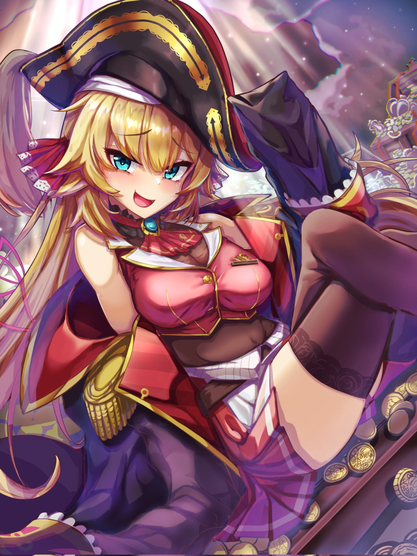 1girl akai_haato ascot bicorne black_headwear black_jacket black_leotard black_thighhighs blonde_hair blue_eyes blush breasts brooch cleavage coin cosplay covered_navel cropped_jacket garanshoebill gold_coin hair_ribbon hat highres hololive houshou_marine houshou_marine_(cosplay) jacket jewelry large_breasts leotard leotard_under_clothes long_hair looking_at_viewer multicolored_clothes multicolored_jacket navel off_shoulder open_mouth pirate_hat red_ascot red_jacket red_ribbon red_skirt ribbon skirt sleeveless sleeveless_jacket thighhighs treasure treasure_chest twintails two-tone_jacket virtual_youtuber