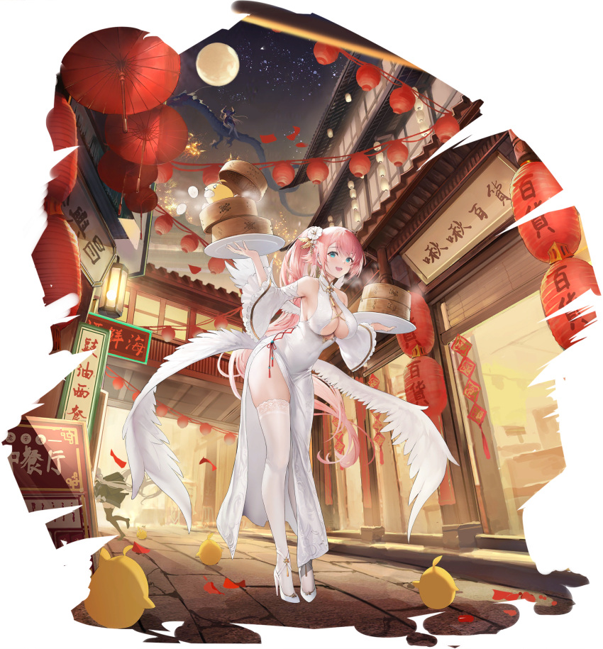 3girls animal aqua_eyes artist_request azur_lane bamboo_steamer bangs bare_shoulders bird breasts china_dress chinese_clothes cleavage detached_sleeves dragon dress dual_wielding dumpling eastern_dragon food full_body full_moon gold_trim hair_ornament high_heels highres holding l'indomptable_(azur_lane) large_breasts long_hair looking_at_viewer manjuu_(azur_lane) moon multiple_girls night night_sky official_art open_mouth pink_hair ponytail prinz_rupprecht_(the_gate_dragon_advent)_(azur_lane) simple_background sky smile star_(sky) starry_sky theseus_(azur_lane) theseus_(new_year's_white_plumage)_(azur_lane) thighhighs thighs wide_sleeves wings