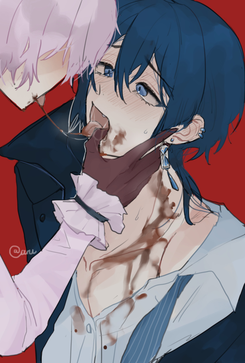 1boy 1girl absurdres after_kiss aru_fid0 assertive_female bishounen blood blue_eyes blue_hair blush collarbone ear_piercing earrings femdom gloves hand_on_another's_face hetero highres jeanne_(vanitas_no_carte) jewelry looking_up piercing red_gloves saliva saliva_trail simple_background vanitas_(vanitas_no_carte) vanitas_no_carte white_background white_hair