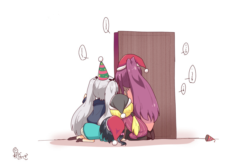 4girls all_fours black_hair blonde_hair chibi door dracu-riot! elena_olegovna_owen from_behind grey_hair hakutocake hat inamura_rio kneehighs long_hair mera_azusa multiple_girls nicola_cepheus party_hat peeking ponytail purple_hair santa_hat short_hair side_ponytail signature simple_background socks speech_bubble twintails very_long_hair voyeurism white_background yuzu-soft