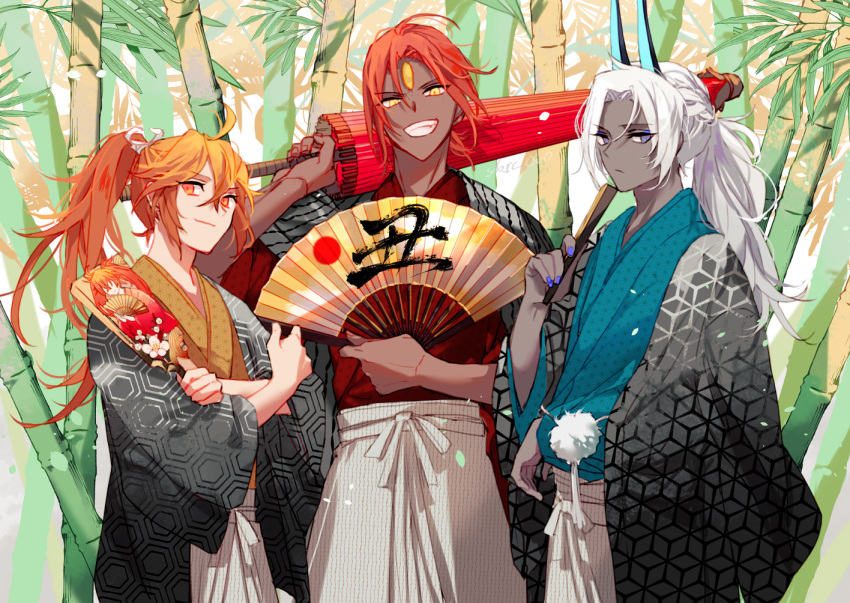 3boys :d arjuna_(fate) arjuna_alter_(fate) ashwatthama_(fate) bamboo bamboo_forest blue_horns blue_kimono blue_nails brown_kimono closed_mouth closed_umbrella dark-skinned_male dark_skin fate/grand_order fate_(series) folding_fan forehead_jewel forest grey_eyes grin hagoita hakama hakama_pants hand_fan haori haori_himo holding holding_fan holding_paddle holding_umbrella horns japanese_clothes kagome_(pattern) kimono long_hair long_sleeves looking_at_viewer medium_hair multiple_boys nature oil-paper_umbrella orange_eyes orange_hair paddle pants pom_pom_(clothes) ponytail rama_(fate) red_kimono sakuramochi1003 smile standing teeth umbrella white_hair white_pants wide_sleeves yellow_eyes