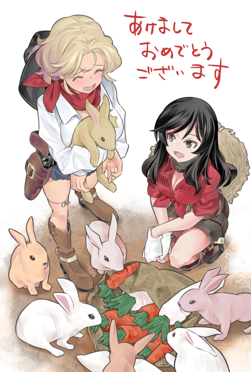 2girls akeome animal bandana bangs belle_(girls_und_panzer) black_bandana black_eyes black_footwear black_hair black_headwear black_skirt blonde_hair blue_shorts boots brown_footwear brown_headwear carrot chinese_zodiac closed_eyes collared_shirt commentary cowboy_hat fringe_trim front-tie_top girls_und_panzer gloves gun happy_new_year hat hat_around_neck highres holding holding_animal holstered_weapon inou_takashi jane_(girls_und_panzer) long_hair long_sleeves multiple_girls new_year open_mouth rabbit red_bandana red_shirt revolver shirt short_hair short_shorts shorts skirt sleeves_rolled_up smile squatting standing straw_hat weapon white_background white_gloves white_shirt year_of_the_rabbit