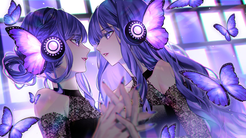 2girls album_cover beni_(bn12x20) bug butterfly clothing_cutout cover from_side hair_between_eyes headphones highres holding_hands interlocked_fingers lace_sleeves long_hair looking_at_another magnet_(vocaloid) multiple_girls original parted_lips purple_butterfly purple_eyes purple_hair shoulder_cutout sidelocks strapless wings yuri