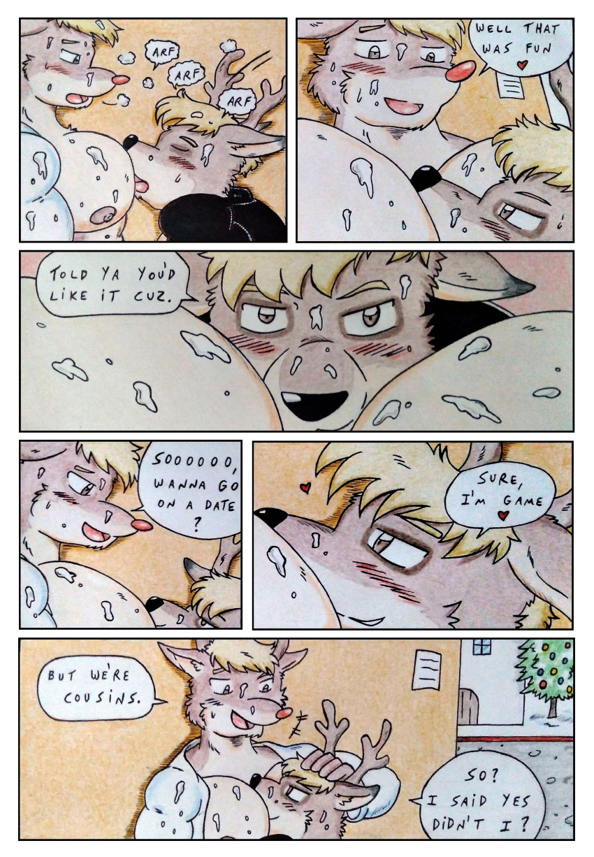 &lt;3 absurd_res alley anthro antlers arrow_(rudolph) athletic athletic_anthro athletic_male between_pecs black_nose blonde_hair blush blush_lines bodily_fluids brown_body brown_eyes brown_fur brown_nipples capreoline christmas christmas_tree clothed clothing collapsing comic comic_panel cum cum_covered dashthefox deer dialogue duo erect_nipples first_person_view fur genital_fluids giggling hair hi_res holidays horn huge_pecs inviting jacket leather leather_clothing leather_jacket leather_topwear male male/male mammal messy muscular nipples open_clothing open_mouth pecs petting plant public public_nudity public_sex red_nose reindeer romantic rudolph_the_red-nosed_reindeer sex speech_bubble tired tired_eyes topwear traditional_media_(artwork) tree wall_(structure) winter