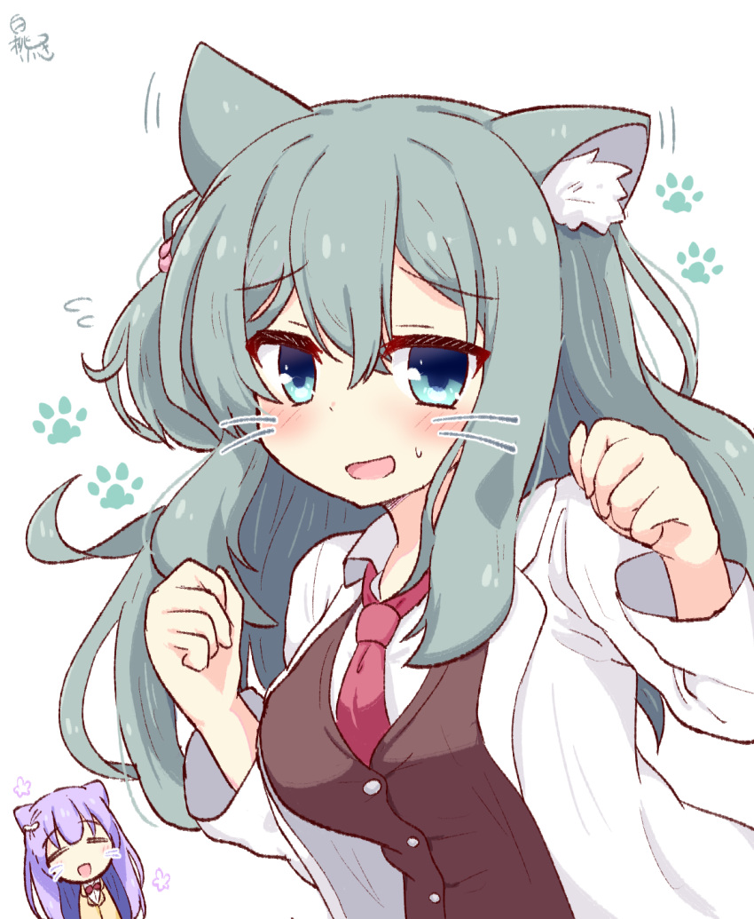 2girls animal_ear_fluff animal_ears aqua_eyes aqua_hair bangs blush bow bowtie breasts cat_ears chibi closed_eyes commentary_request drawn_whiskers hair_between_eyes hakutocake hands_up highres ise_kotori labcoat large_breasts light_purple_hair long_hair looking_at_viewer motion_lines multiple_girls necktie open_mouth paw_pose paw_print paw_print_background red_bow red_bowtie red_necktie riddle_joker school_uniform shikibu_mayu shirt signature simple_background smile sweatdrop upper_body wavy_hair white_background white_shirt yuzu-soft