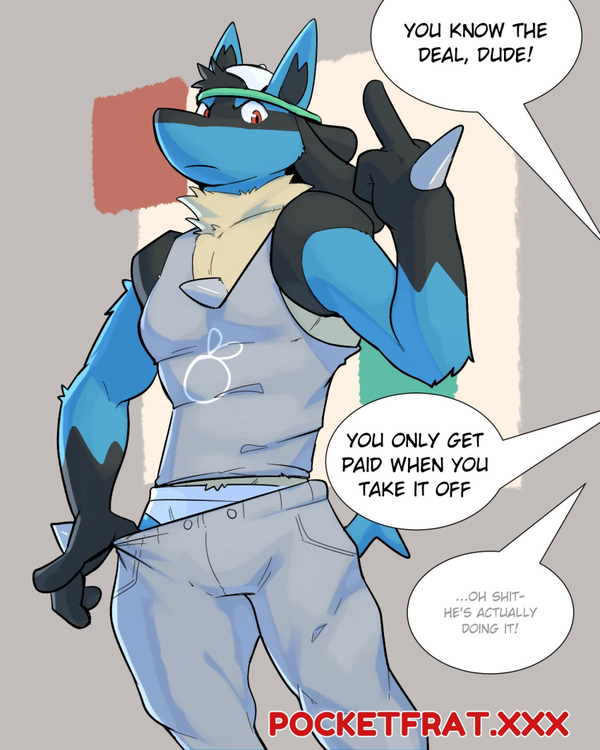 2023 anthro black_body black_fur blue_body blue_fur dialogue english_text fur generation_4_pokemon hi_res jrjresq lucario male multicolored_body multicolored_fur nintendo pokemon pokemon_(species) solo speech_bubble text