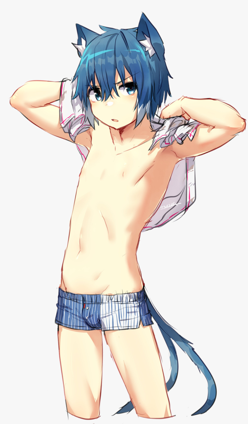 1boy absurdres animal_ears bangs bishounen bulge cat_boy cat_ears cat_tail commentary commentary_request cowboy_shot highres looking_at_viewer male_focus male_underwear open_mouth original short_hair simple_background solo tail topless_male underwear white_background zutaboro