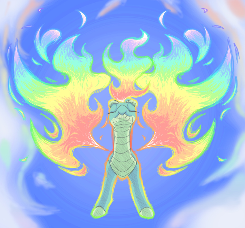 2021 asian_mythology chinese_mythology cloud digital_drawing_(artwork) digital_media_(artwork) dragon east_asian_mythology eyes_closed female feral fire flaming_hair flaming_wings full-length_portrait green_body green_scales hi_res hybrid longma mythology portrait pseudo_hair rainbow scales solo swayedy them's_fightin'_herds tianhuo_(tfh) wings