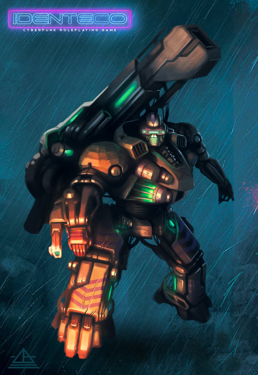 arm_cannon board_game cable cyberpunk dylandraws energy_cannon english_commentary highres identeco logo machinery mecha official_art original promotional_art rain robot rocket_launcher shoulder_cannon signature title weapon
