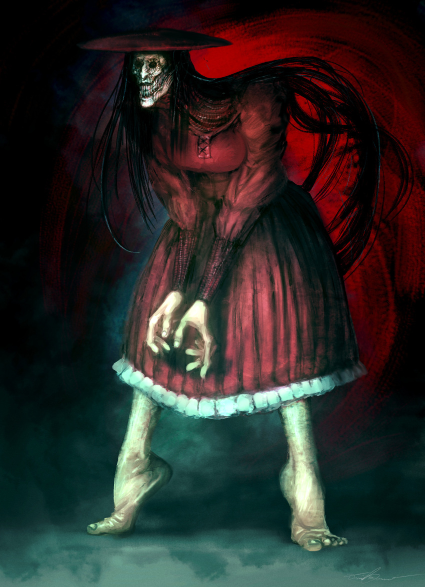 1girl absurdres acrobatic_silky_(dandadan) barefoot black_hair cinemamind dandadan dark dress empty_eyes hat highres hollow_eyes horror_(theme) hunched_over long_hair red_dress solo sun_hat teeth tiptoes