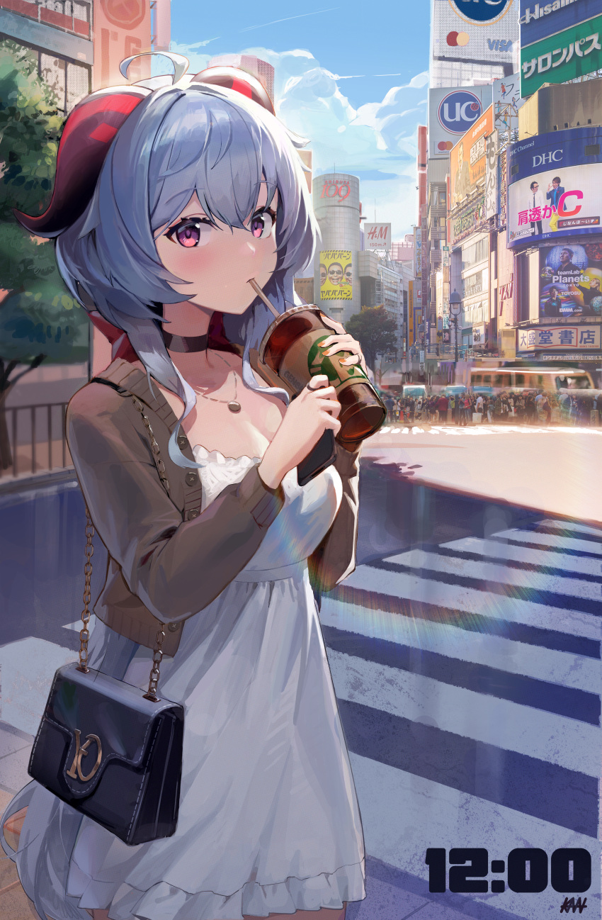 1girl absurdres ahoge alternate_costume bag bangs black_choker blue_hair blue_sky blush breasts buttons car casual cellphone choker city cleavage contemporary cowboy_shot crosswalk cup day disposable_cup dress drinking ganyu_(genshin_impact) genshin_impact ground_vehicle handbag highres holding holding_cup holding_phone horns jacket jewelry kawa683 large_breasts long_hair long_sleeves motor_vehicle necklace open_clothes open_jacket orange_nails outdoors phone purple_eyes real_world_location revision ring road shibuya_(tokyo) shoulder_bag sky smartphone street tokyo_(city) unbuttoned white_dress