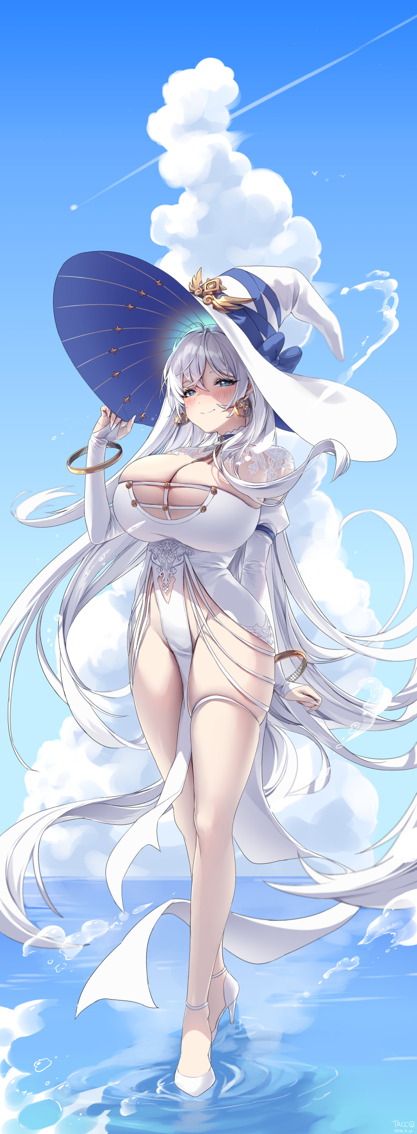 1girl absurdres blue_eyes breasts bridal_gauntlets cleavage closed_mouth commission dress earrings full_body groin hand_up hat high_heels highres huge_breasts jewelry long_hair looking_at_viewer no_panties original pelvic_curtain skindentation smile solo standing standing_on_liquid tacco_(tikeworld) thigh_strap thighs very_long_hair water white_dress white_footwear white_hair white_headwear witch_hat