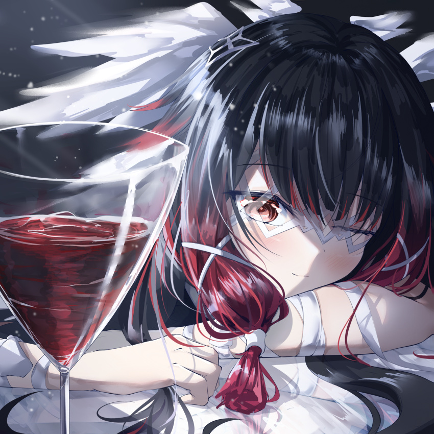 1girl ;) absurdres alcohol arm_rest bandaged_wrist bandages bangs black_hair blush closed_mouth colored_tips columbina_(genshin_impact) commentary_request cup drinking_glass eye_mask genshin_impact head_rest head_wings highres long_hair looking_at_viewer multicolored_hair one_eye_closed portrait red_eyes red_hair red_wine shi3 sidelocks smile solo streaked_hair two-tone_hair white_mask wine wine_glass