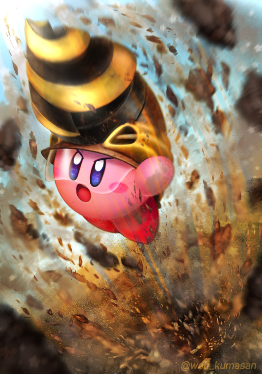 arms_up artist_name blue_eyes blue_sky blush blush_stickers commentary_request copy_ability day dirt drill drill_kirby helmet highres jumping kirby kirby_(series) kirby_and_the_forgotten_land ninjya_palette no_humans open_mouth outdoors rock sky twitter_username v-shaped_eyes