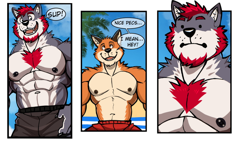 2023 abs absurd_res anthro barazoku beach beard biceps big_muscles big_pecs body_hair canid canine canis chest_hair claws clothed clothing comic darknaigart day dialogue dot_eyes duo english_text eyebrows facial_hair fox fur hair hi_res huge_muscles humor male mammal multiple_scenes muscular muscular_anthro muscular_male navel nipple_piercing nipples obliques open_mouth open_smile outside palm_tree pecs piercing plant seaside size_difference sky smile swimming_trunks swimwear teeth text three_frame_image tongue topless topless_anthro topless_male tree tuft wolf