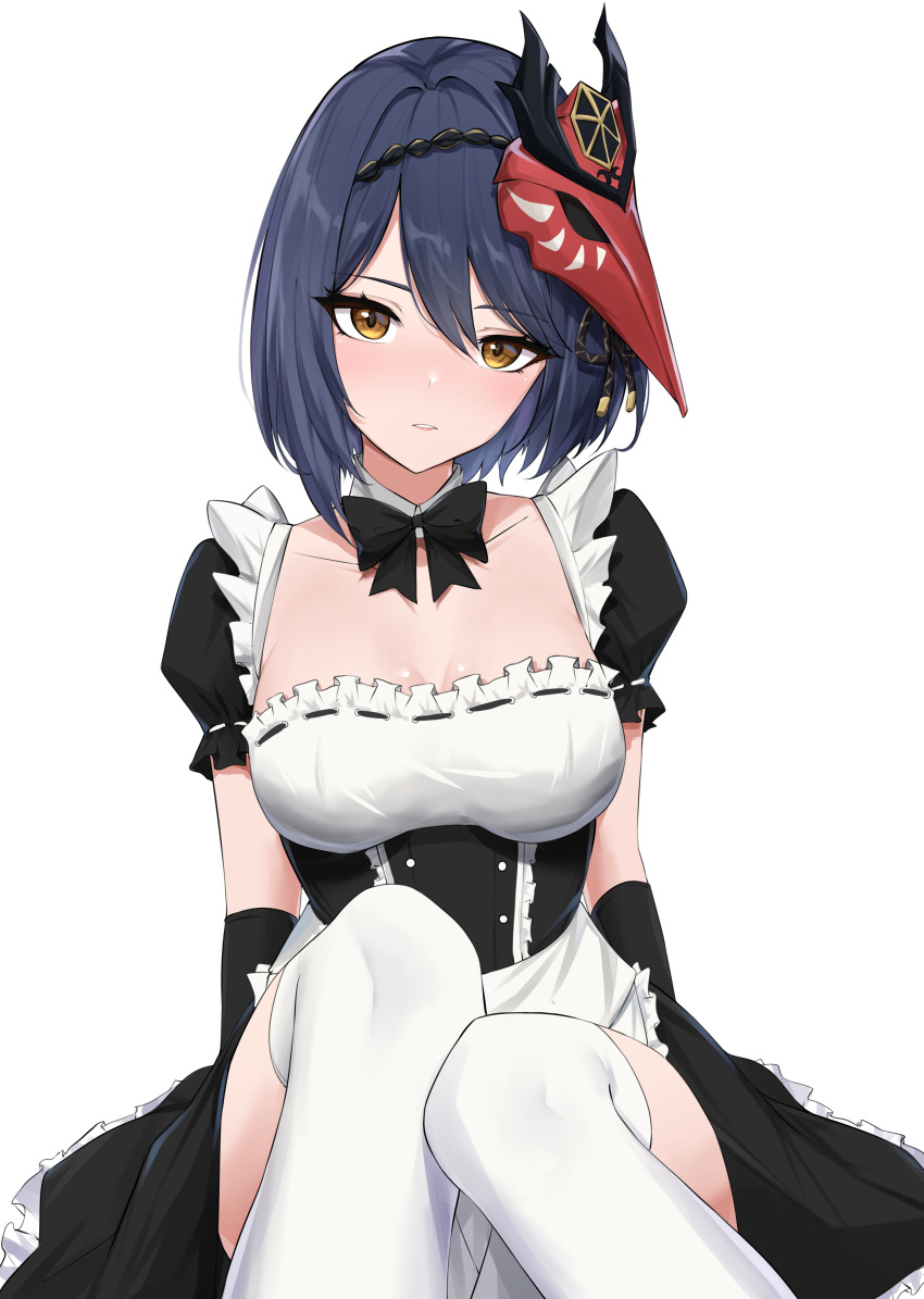 1girl absurdres alternate_costume apron black_bow black_dress blue_hair bow breasts collarbone detached_collar dress english_commentary enmaided feint721 frilled_dress frills genshin_impact hair_between_eyes hair_ornament highres knees_together_feet_apart kujou_sara maid maid_apron mask mask_on_head parted_lips puffy_short_sleeves puffy_sleeves short_hair short_sleeves signature simple_background solo thighhighs white_background white_thighhighs
