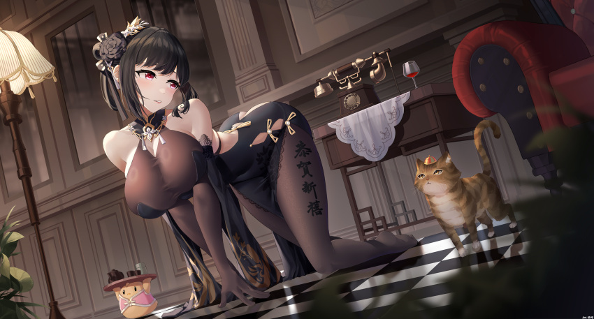 1girl absurdres all_fours antique_telephone ass ass_cutout azur_lane black_dress black_flower black_hair black_rose bodystocking breasts brown_gloves cat chair checkered_floor chen_hai_(azur_lane) chen_hai_(vestibule_of_wonders)_(azur_lane) china_dress chinese_clothes clothes_writing clothing_cutout corded_phone dress elbow_gloves flower full_body gloves highres holding holding_tray indoors jfzm001 lace-trimmed_gloves lace_trim lamppost large_breasts manjuu_(azur_lane) official_alternate_costume pelvic_curtain phone red_eyes reflective_floor rose rotary_phone taut_clothes taut_dress tight tight_dress tray