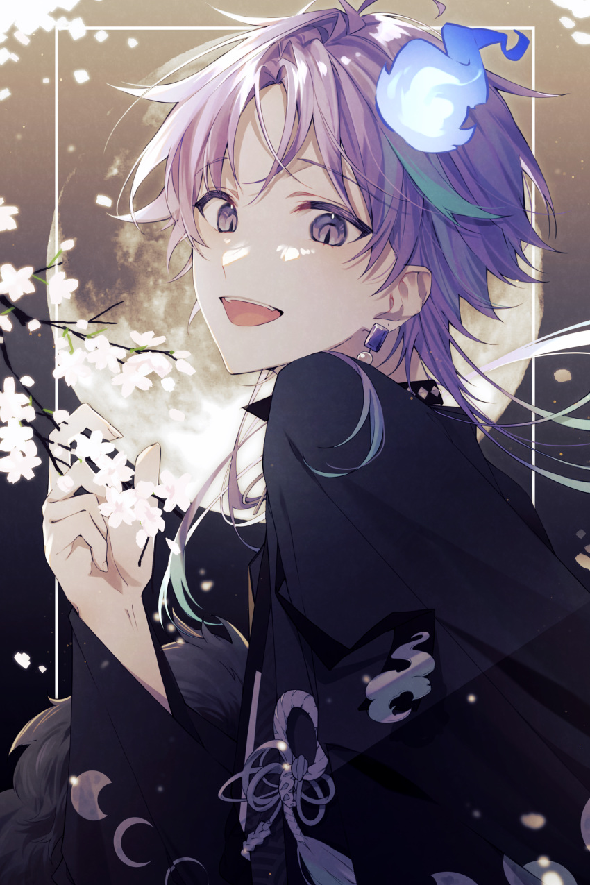 1boy absurdres black_kimono cheese_oho chinese_commentary commentary_request drop_earrings earrings flower fur_trim gradient_hair green_hair hand_up highres holostars japanese_clothes jewelry kimono long_hair long_sleeves looking_at_viewer male_focus minase_rio moon multicolored_hair open_mouth purple_eyes purple_hair solo tassel teeth two-tone_hair upper_body upper_teeth_only virtual_youtuber white_flower wide_sleeves