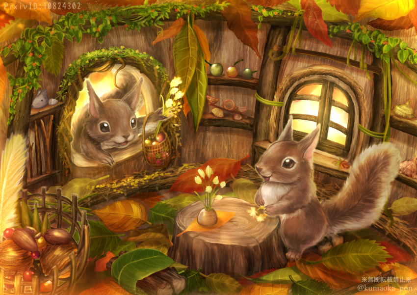 :d animal animal_focus basket berry blurry brown_eyes brown_fur clip_studio_paint_(medium) commentary_request feathers flower happy holding indoors leaf ninjya_palette no_humans nut_(food) open_mouth original pixiv_id plant sitting smile squirrel stick tree_stump vines watermark window yellow_flower