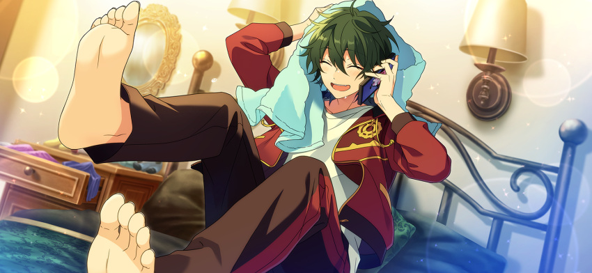 1boy bangs barefoot bed bed_frame blunt_bangs closed_eyes drying ensemble_stars! green_hair happy_elements holding holding_poke_ball jacket kagehira_mika long_sleeves male_focus mirror nightstand official_art on_bed open_clothes open_drawer open_jacket open_mouth pants poke_ball shirt short_hair solo talking_on_phone teeth third-party_source towel upper_teeth_only wall_lamp white_shirt