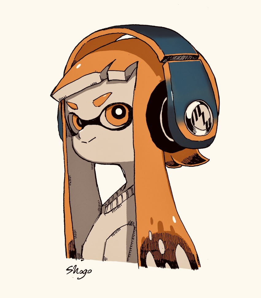 1girl :&gt; artist_name bangs black_hair blunt_bangs bright_pupils closed_mouth colored_tips commentary_request cropped_torso flat_chest happy headphones highres inkling inkling_girl long_hair looking_at_viewer multicolored_hair orange_eyes orange_hair pale_skin shirt shogo_(shogo70449442) sidelocks signature simple_background smile solo splatoon_(series) split_mouth tentacle_hair tentacles twintails two-tone_hair upper_body v-shaped_eyebrows white_pupils white_shirt yellow_background