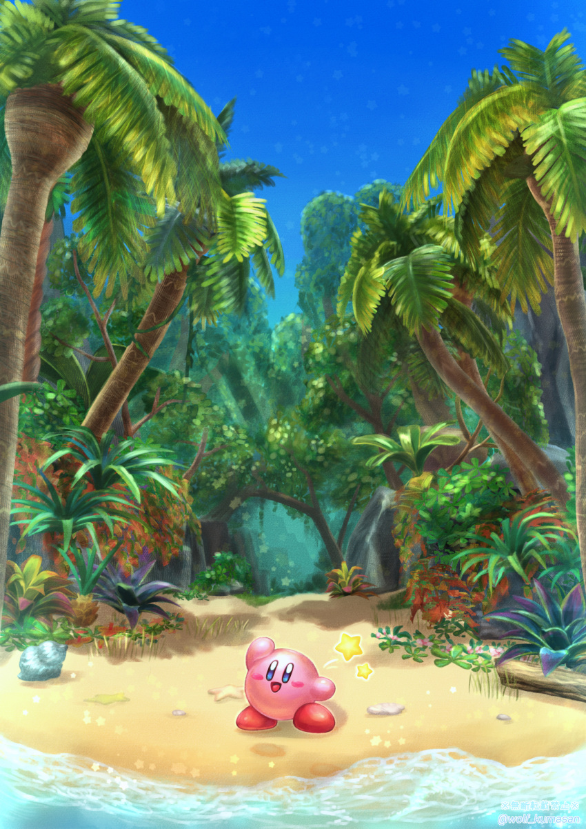 :d arm_up artist_name beach blue_eyes blue_sky blush blush_stickers bush cloud commentary_request conch day forest full_body highres jungle kirby kirby_(series) kirby_and_the_forgotten_land leaf light_rays log looking_at_viewer nature ninjya_palette no_humans open_mouth outdoors palm_tree plant rock sand scenery seashell shadow shell shore sky smile standing star_(symbol) starfish tree twitter_username vines water watermark