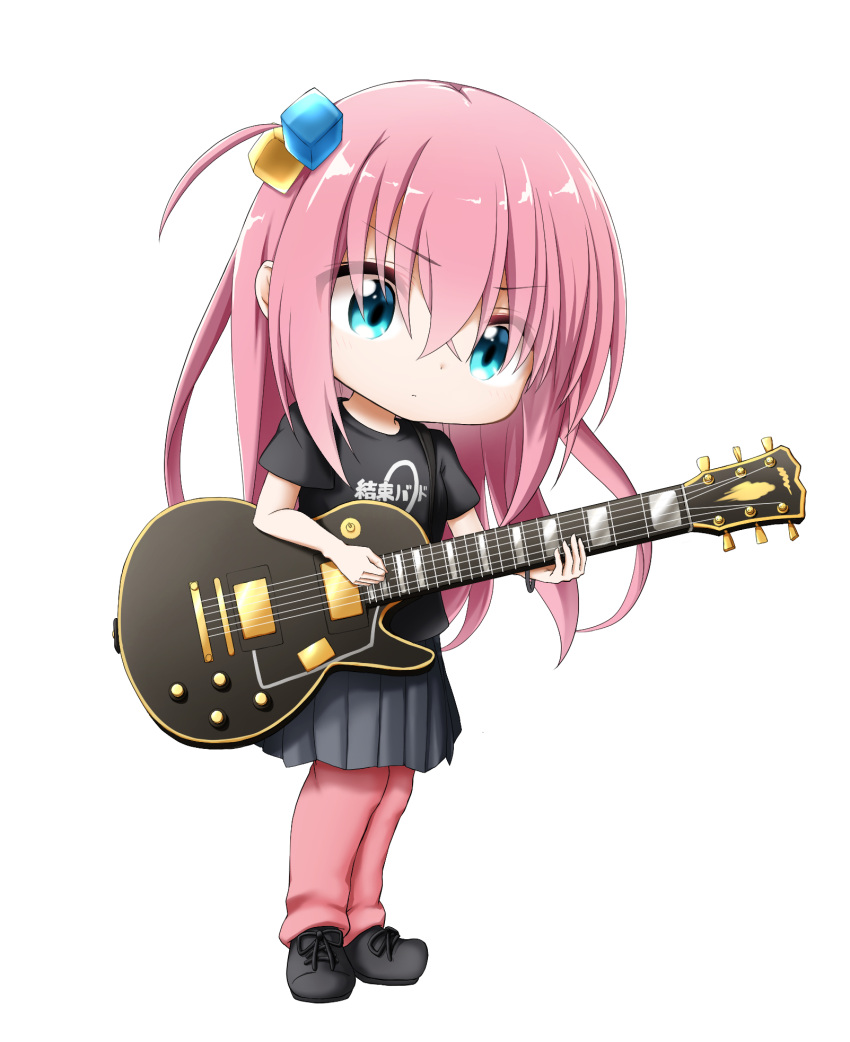 1girl bangs black_shirt blue_eyes bocchi_the_rock! closed_mouth clothes_writing cube_hair_ornament electric_guitar full_body gotou_hitori grey_skirt guitar hair_between_eyes hair_ornament highres holding holding_instrument instrument kuena long_hair looking_away looking_down pants pants_under_skirt pink_hair pink_pants pleated_skirt shirt short_sleeves simple_background skirt solo standing track_pants very_long_hair white_background