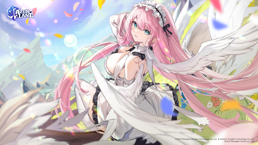 1girl absurdres aqua_eyes arm_support azur_lane bangs bare_shoulders blue_sky breasts broom broom_riding cleavage commentary company_connection company_name copyright_name day dress english_commentary feathered_wings flower frills hair_ornament hand_up highres large_breasts logo long_hair looking_at_viewer official_art open_mouth outdoors petals pink_hair short_dress shuri_(84k) simple_background sky solo sun sunlight theseus_(azur_lane) thighhighs wings
