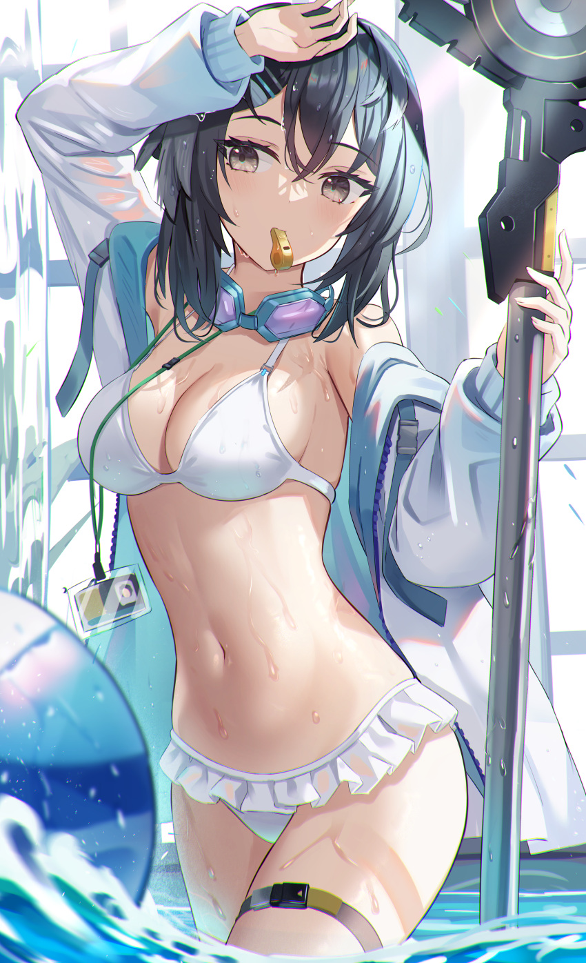 1girl absurdres arknights arm_up bare_shoulders bikini bikini_skirt black_hair blurry breasts cleavage cowboy_shot depth_of_field frills goggles goggles_around_neck grey_eyes highres holding holding_scythe holding_weapon id_card jacket la_pluma_(arknights) la_pluma_(summer_flowers)_(arknights) lanyard long_sleeves looking_at_viewer medium_breasts medium_hair mirufuaa mouth_hold navel off_shoulder open_clothes open_jacket scythe solo standing stomach string_bikini swimsuit thigh_strap wading water weapon wet wet_hair whistle white_bikini white_jacket