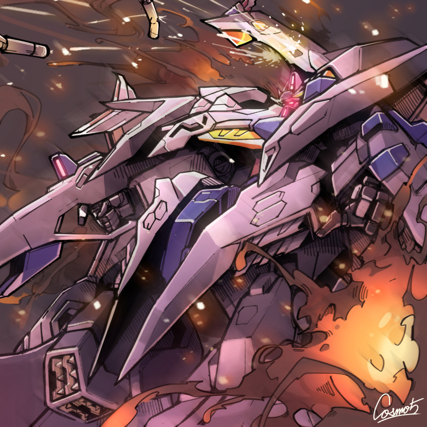 absurdres beam_rifle commentary cosmo-5 energy_gun fire firing glowing glowing_eyes gun gundam gundam_hathaway's_flash highres holding holding_gun holding_weapon mecha missile mobile_suit no_humans penelope_(hathaway's_flash) pink_eyes robot science_fiction signature smoke solo weapon