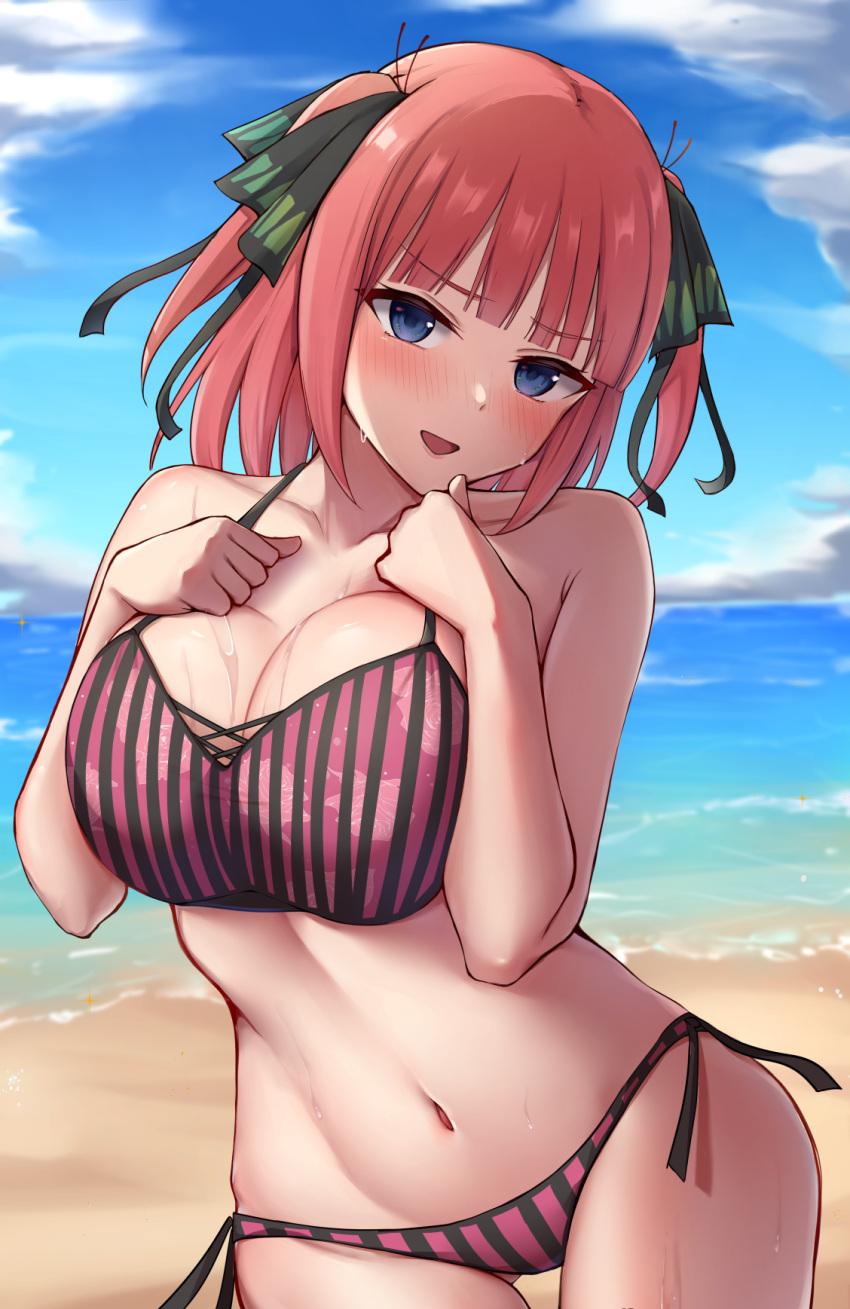 1girl beach bikini black_ribbon blue_eyes blue_sky blush breasts butterfly_hair_ornament cloud cloudy_sky commentary go-toubun_no_hanayome hair_ornament hair_ribbon highres lank_(lankdesu) large_breasts looking_at_viewer nakano_nino open_mouth pink_hair ribbon sky solo swimsuit